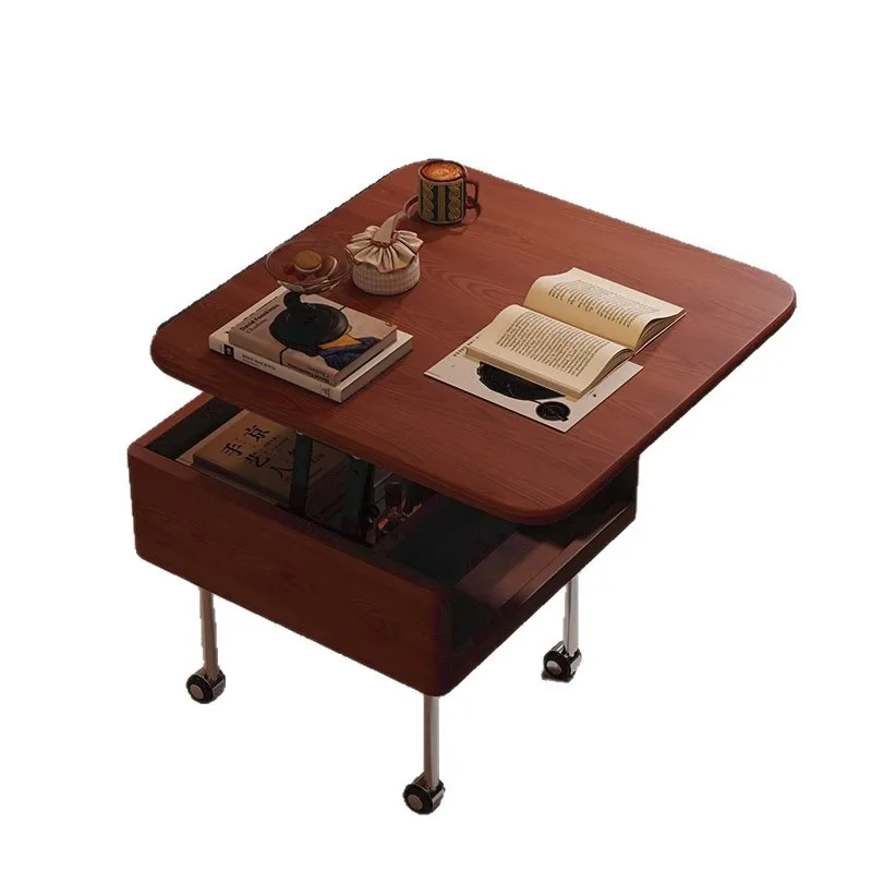 Medieval lift coffee table, movable living room solid wood storage edge table, wheeled cart corner table