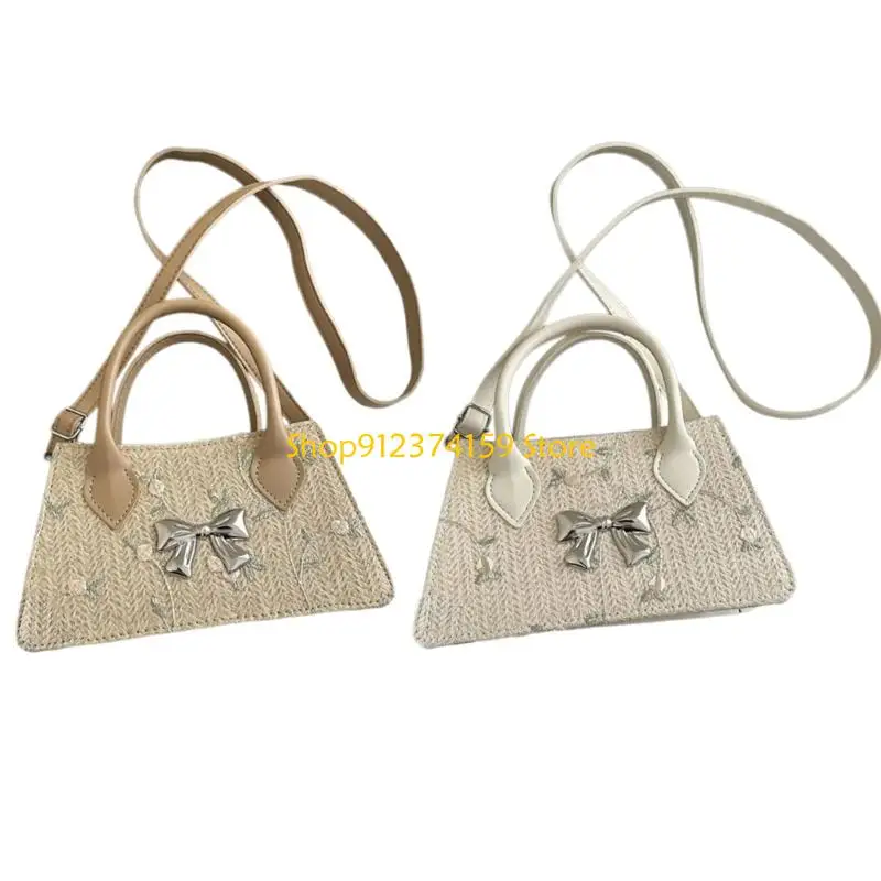 

G5AE All-matching Crossbody Bag for Women Floral Handbag Straw Beach Bag Shoulder Bag Bowknot Bag Square Bag