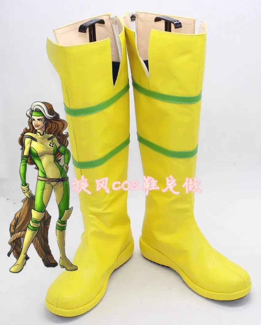 Zapatos de Cosplay de Anime X-MAN Anna Marie Rogue, botas de disfraz amarillas, botas de imitación de cuero hechas a mano
