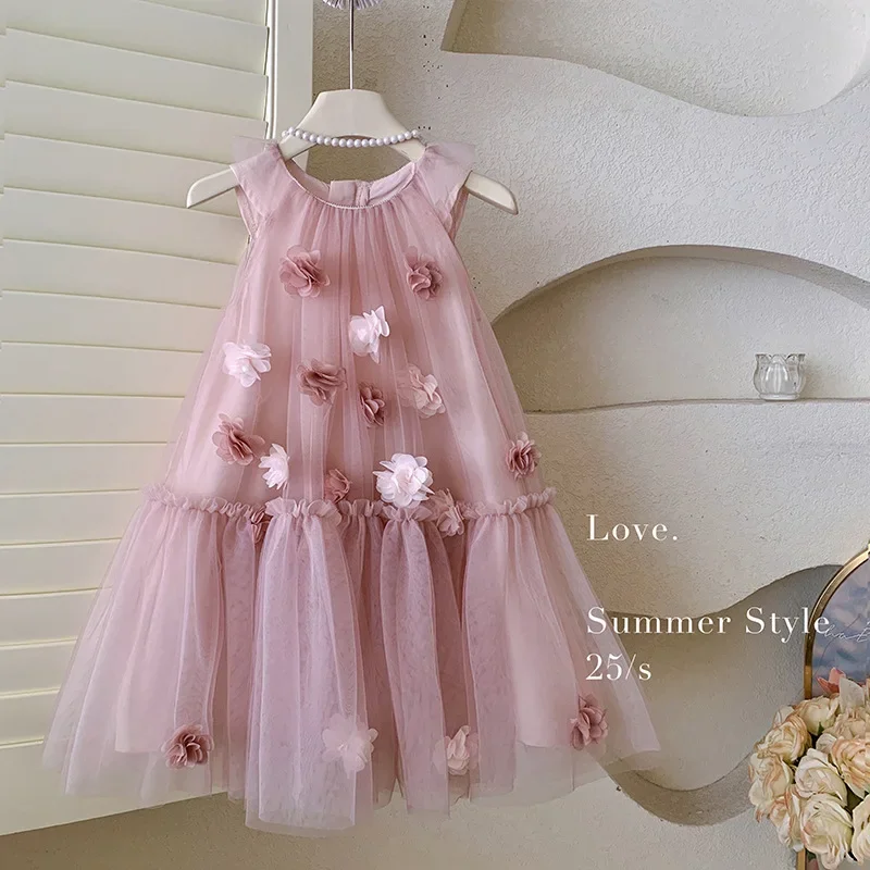 Ärmelloses Blumen-Mesh-Kleid für Mädchen – Prinzessinnen-Partykleid für Kleinkinder von 2–8 Jahren, atmungsaktives Hochzeits- und besonderes Anlasskleid