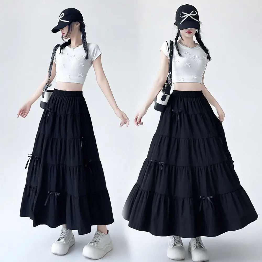 ファッションボウノットティアードミディスカートプリーツソリッドカラーロングケーキAラインスカートハイウエストシックセブンポイントロングドレス女性用