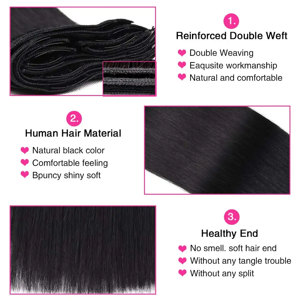 Straight Clip in Hair Extensions 100% Unprocessed Full Head Brazilian Virgin Hair Natural Black Color 1B for Black Women Clip in