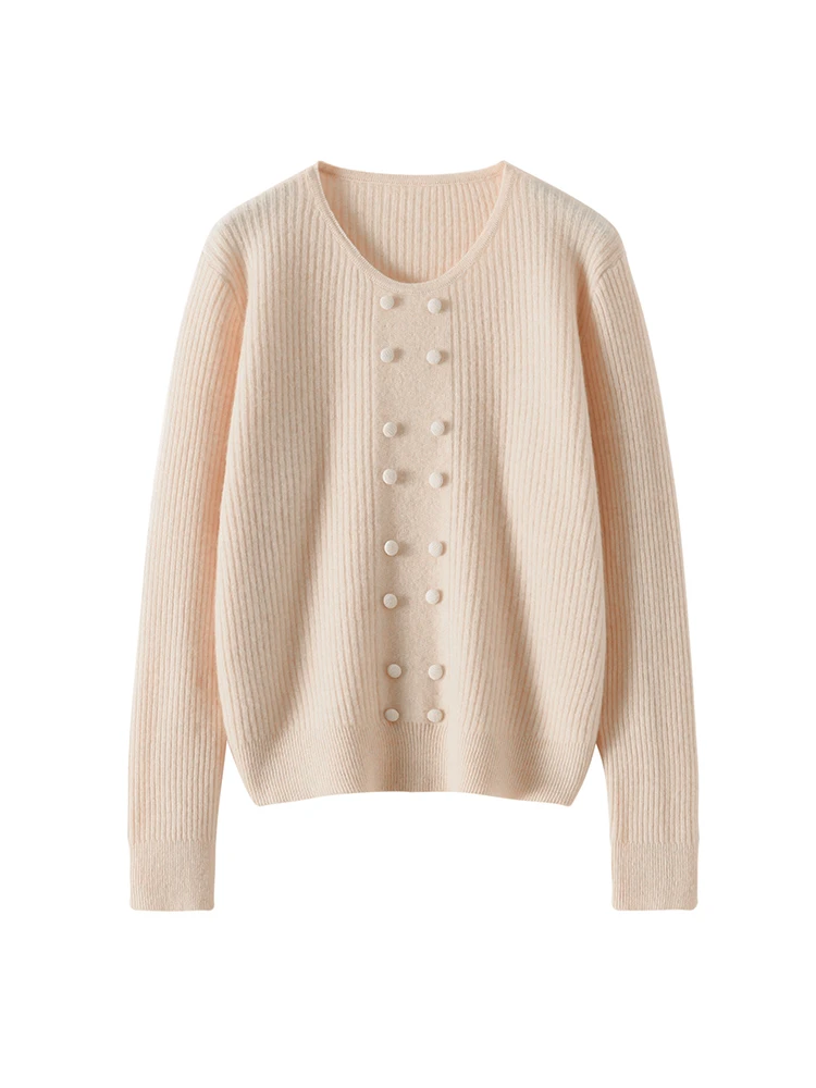 

Women's 100% Merino Wool O-neck Double Breasted Pullover Sweater Knitwear Office Lady Comfort Elegant Soft Cashmere Sweater Tops