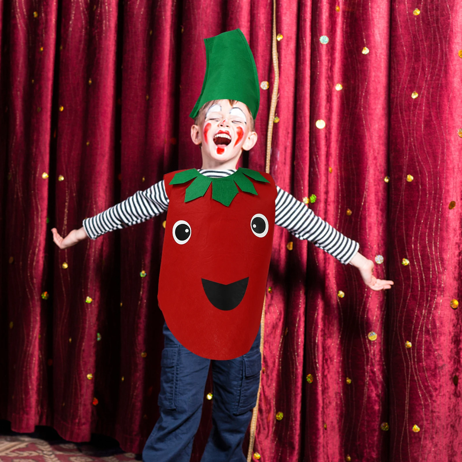 

Tomato Shaped Kids Costume Non Woven Fabric Comfortable Fit Halloween Fruit Vegetable Theme Party Dress Performance
