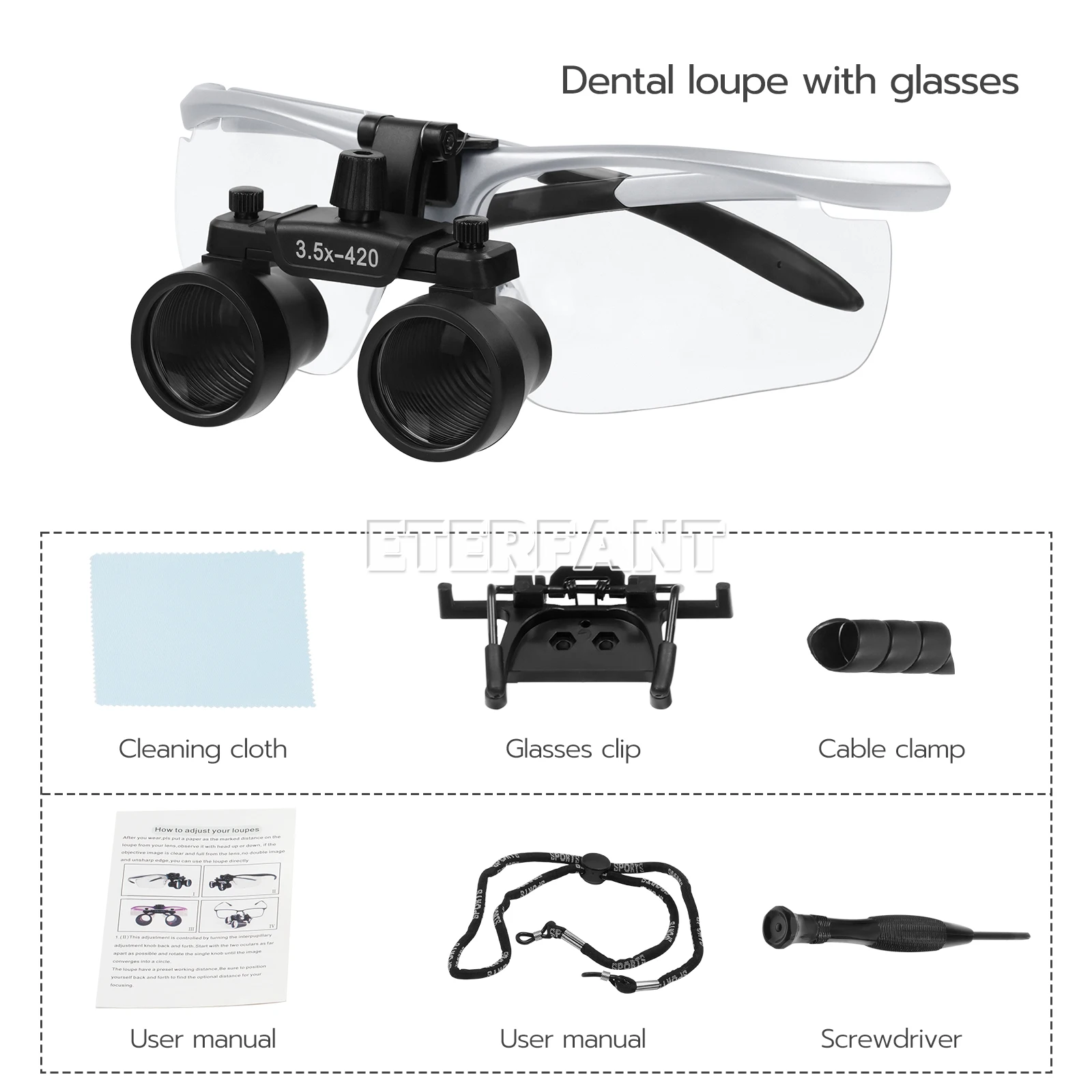 

ETERFANT 3,5X стоматологическая медицинская хирургическая бинокулярная лупа, оптическая линза высокой четкости, 420 мм, серебро