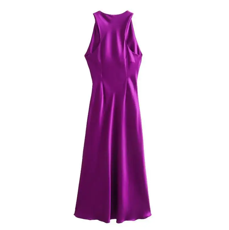 فستان نسائي صيفي أنيق بياقة دائرية بدون أكمام من الساتان فستان طويل أنيق بلون سادة للحفلات والعطلات فستان نحيف على شكل حرف A