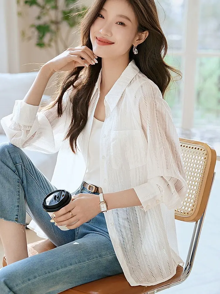 Elegant Fashion Harajuku Slim Fit Outerwear Solid Button Thin Style Hollow Out Long Sleeve Blusa Casual All Match Female Clothes