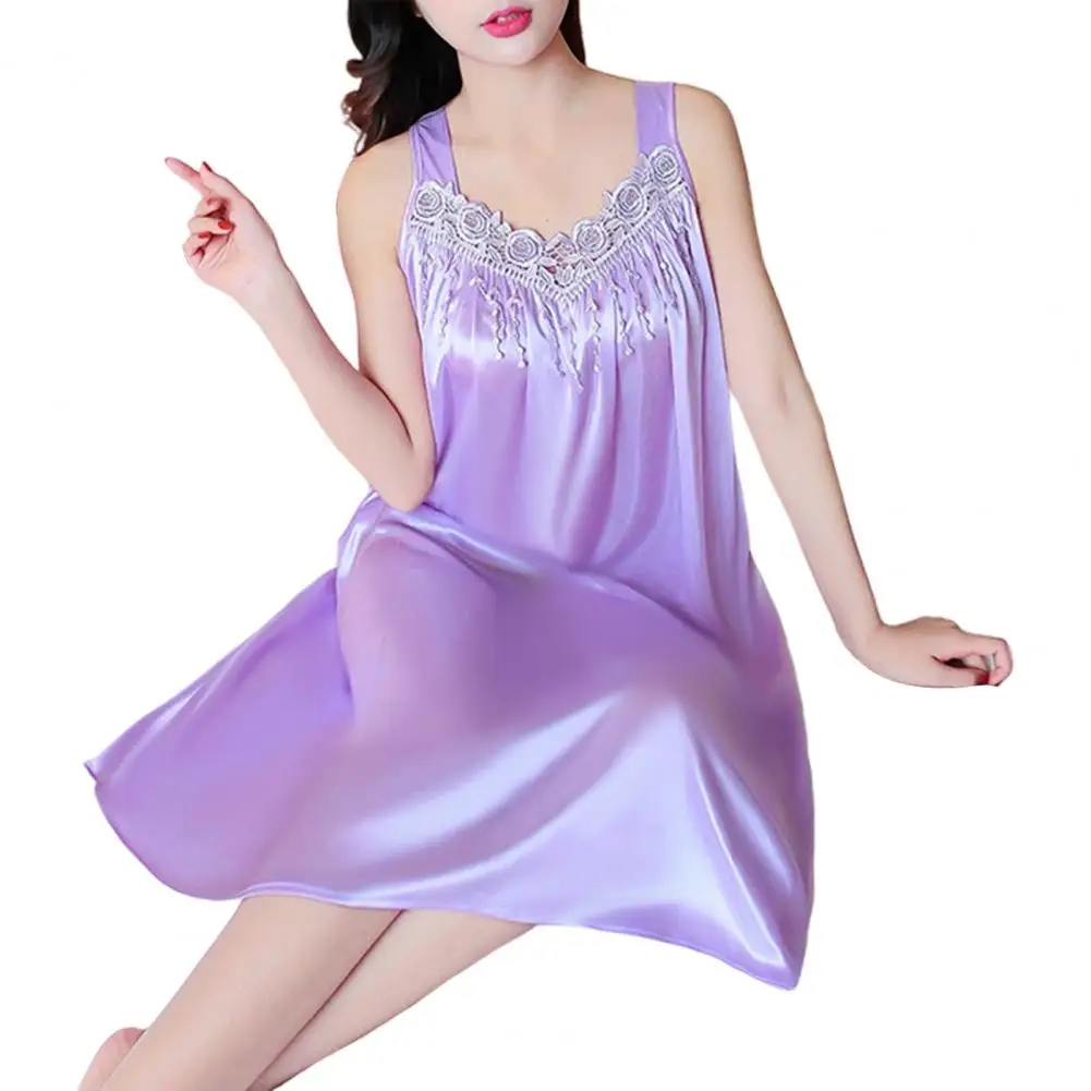 Hot！Women Night Dress Solid Color Sleeveless Knee Length Breathable Great Stitching Women Nightie Lady Pajamas for Female