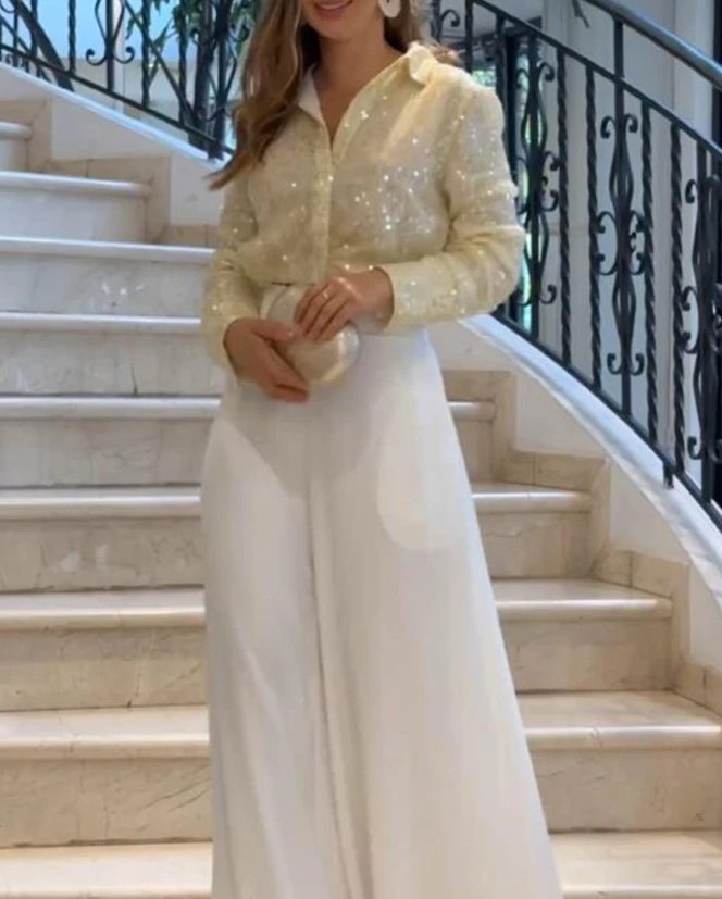 Fashion Woman Blouse 2024 Spring Allover Sequin Long Sleeve Casual Turn-Down Collar Plain Daily Crop Shirt Top Y2K Clothes