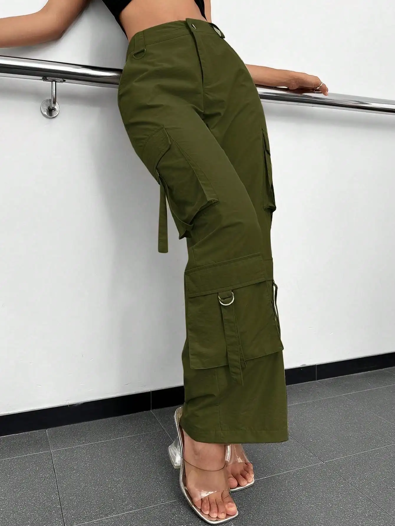 

Christmas Gift Women's High Waisted Cargo Pants - Wide Leg Solid Color Trousers with Pockets (New Year Warm Thermal)