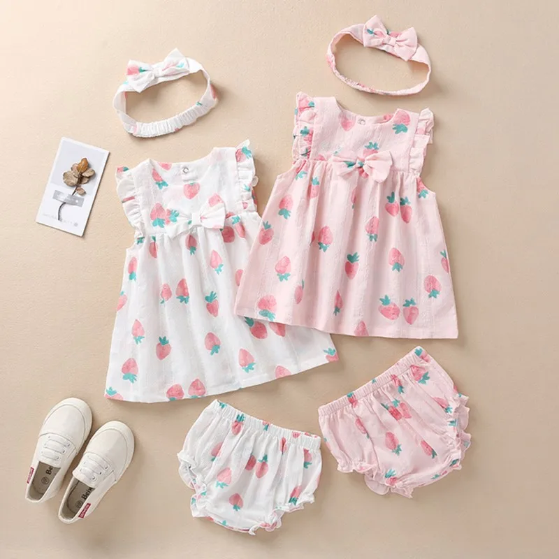 Girls Floral Bow Sleeveless Dress Set Baby Dress Triangular Pants Hairband 3 Pieces Set 0-2 Years Female Baby Summer Dresses