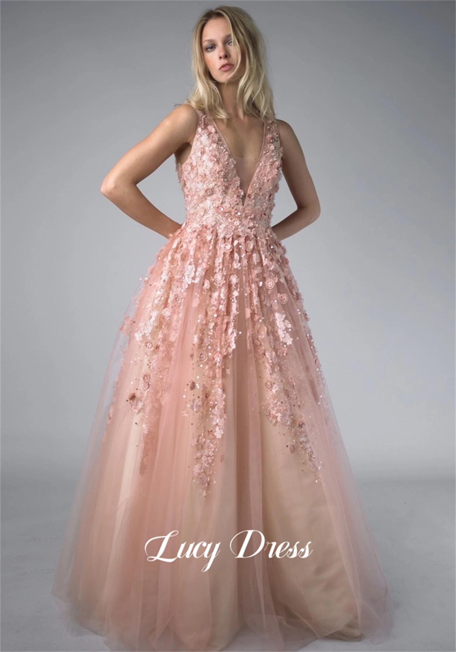 Lucy Line A 3D Flower Decoration Pink Party Dress Birthday V-neck Prom Women 2024 Elegant Dresses Evening Luxury Formal Gown