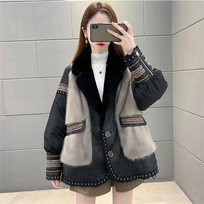 Fashion Mink Fur Coat Women Winter 2024 New Medium To Long Parker Coat Korean Loose Stitching Fur Cotton-Padded Jacket Female