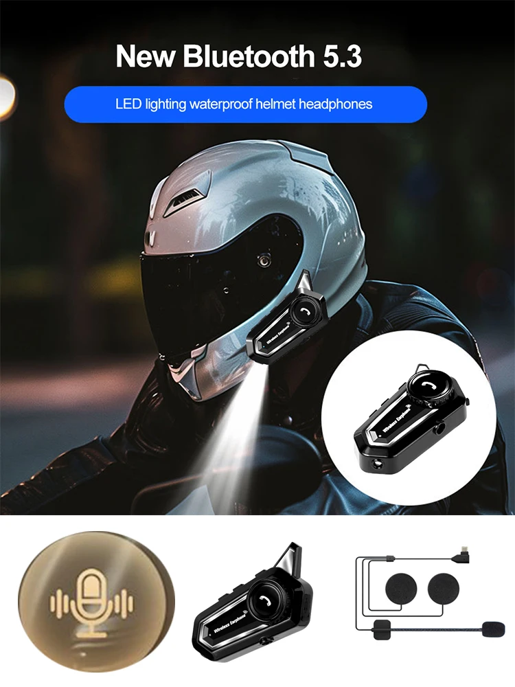 

BT31 Motorcycle Helmet Headset Bluetooth 5.0 Wireless Waterproof Earphone Automatic Handsfree Call Answering with Flashlight