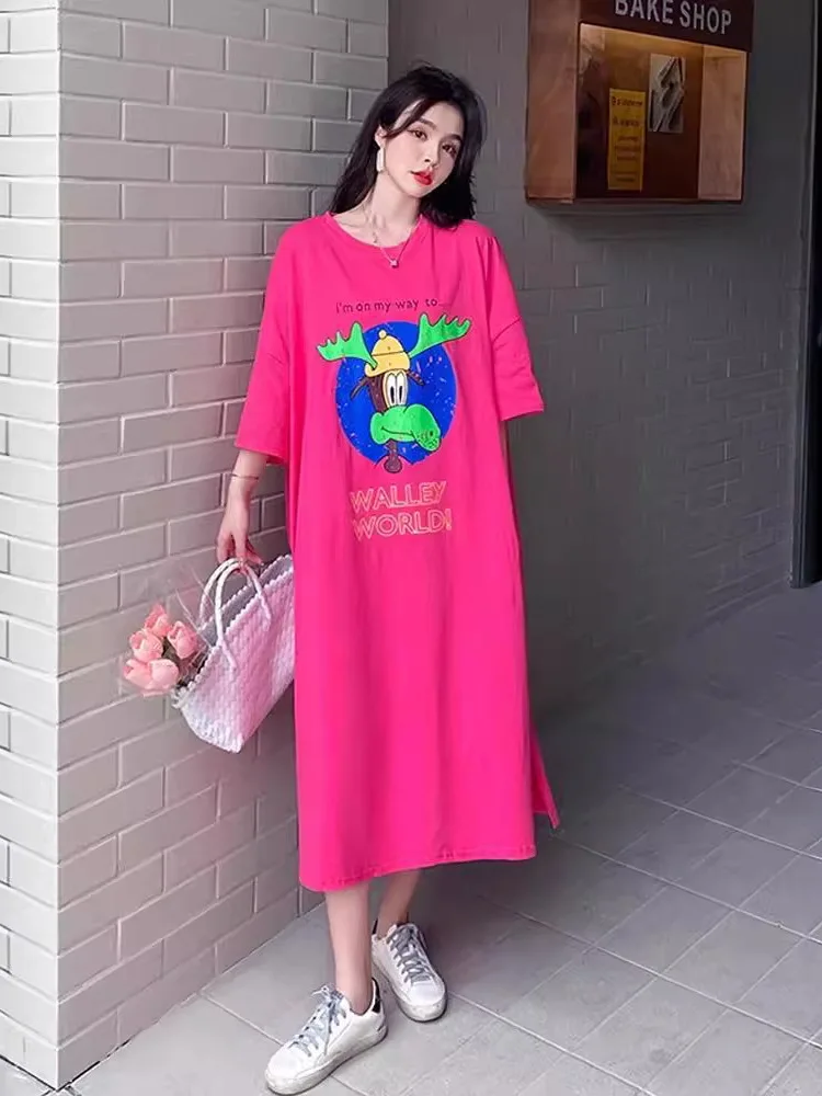 

Large size pure cotton printed dress for women's summer new long dress loose and appear thin knee length lazy dress VQ6L