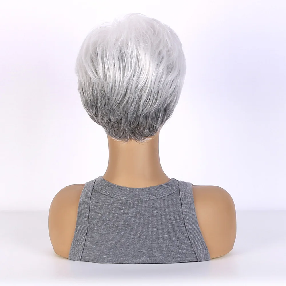 Synthetic  Short Mixed Gray White Wigs for Women Layered Pixie Cut Wigs with Bangs Wigs for White Women Fake Hair