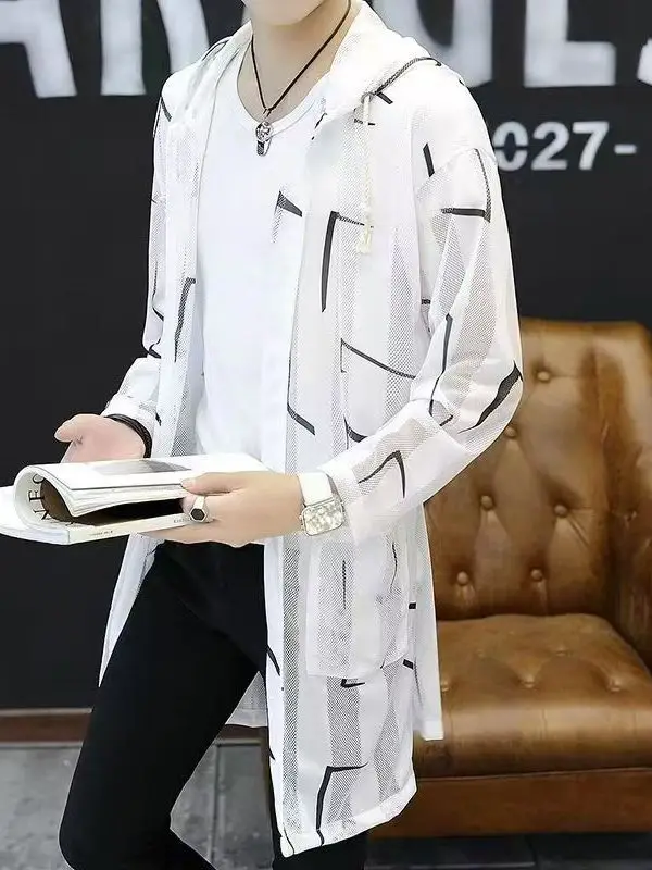 Men's Hooded Sun Protection Windbreaker Breathable Mesh Long Coat Medium Length Outdoor Thin Polyester Fiber Youth Fashion