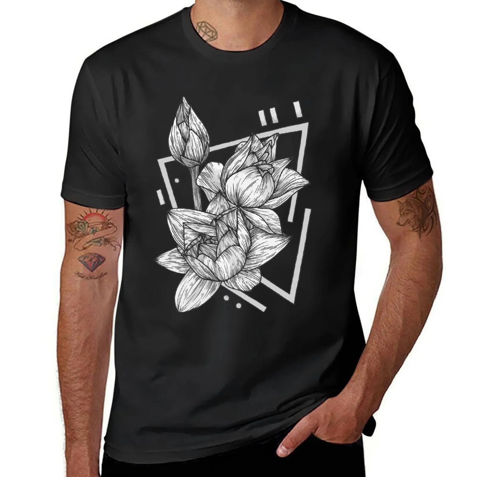 Grey Geometric Lotus Flower Illustration T-Shirt for a boy oversized Men's clothing