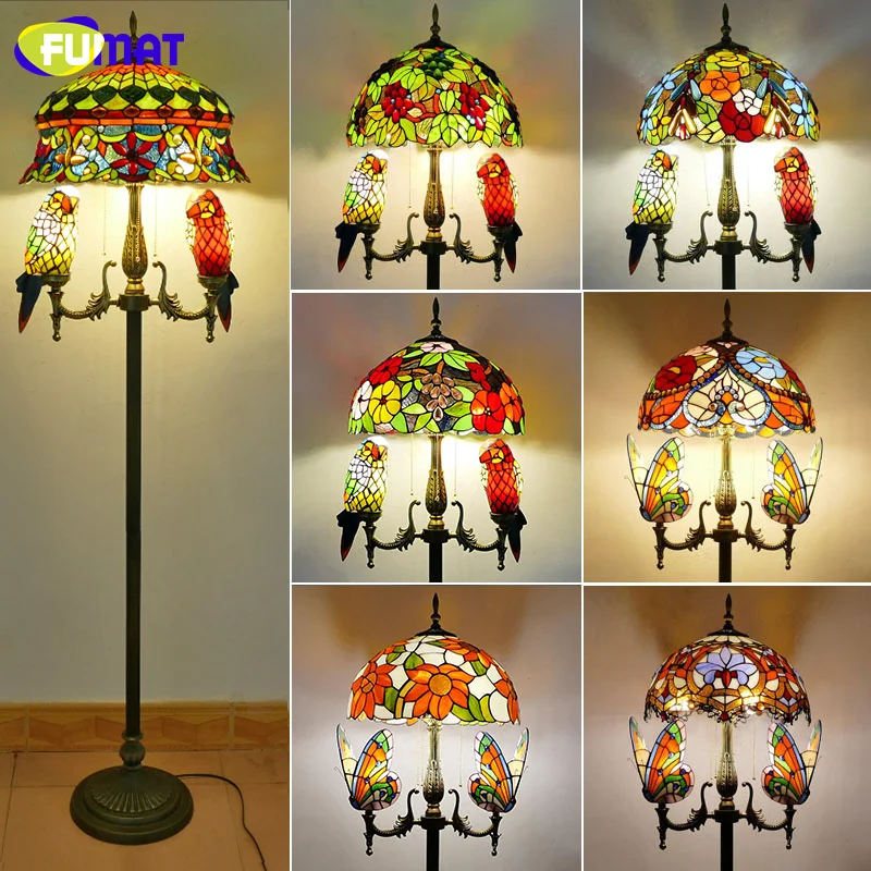 FUMAT Tiffany stained glass butterfly Parrot retro floor lamp for living room bedroom standing lamp study cafe LED decor