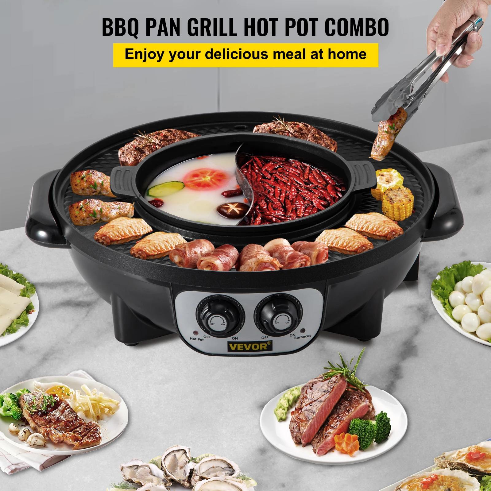 VEVOR 2 in 1 Electric Hot Pot BBQ Grill 2200W Multifunction Portable Home Non-Stick Split Pot Smokeless Skillet Barbecue Pan 