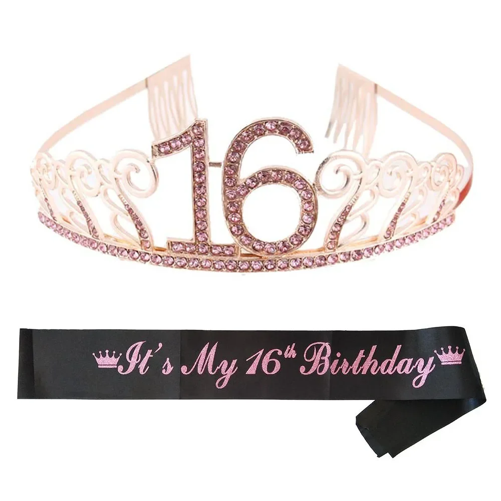 Sweet 16 Birthday Party Tiara Crown Headband Satin Sash for Girl 16th Birthday Princess Party Decoration Cake Topper Favor Gifts