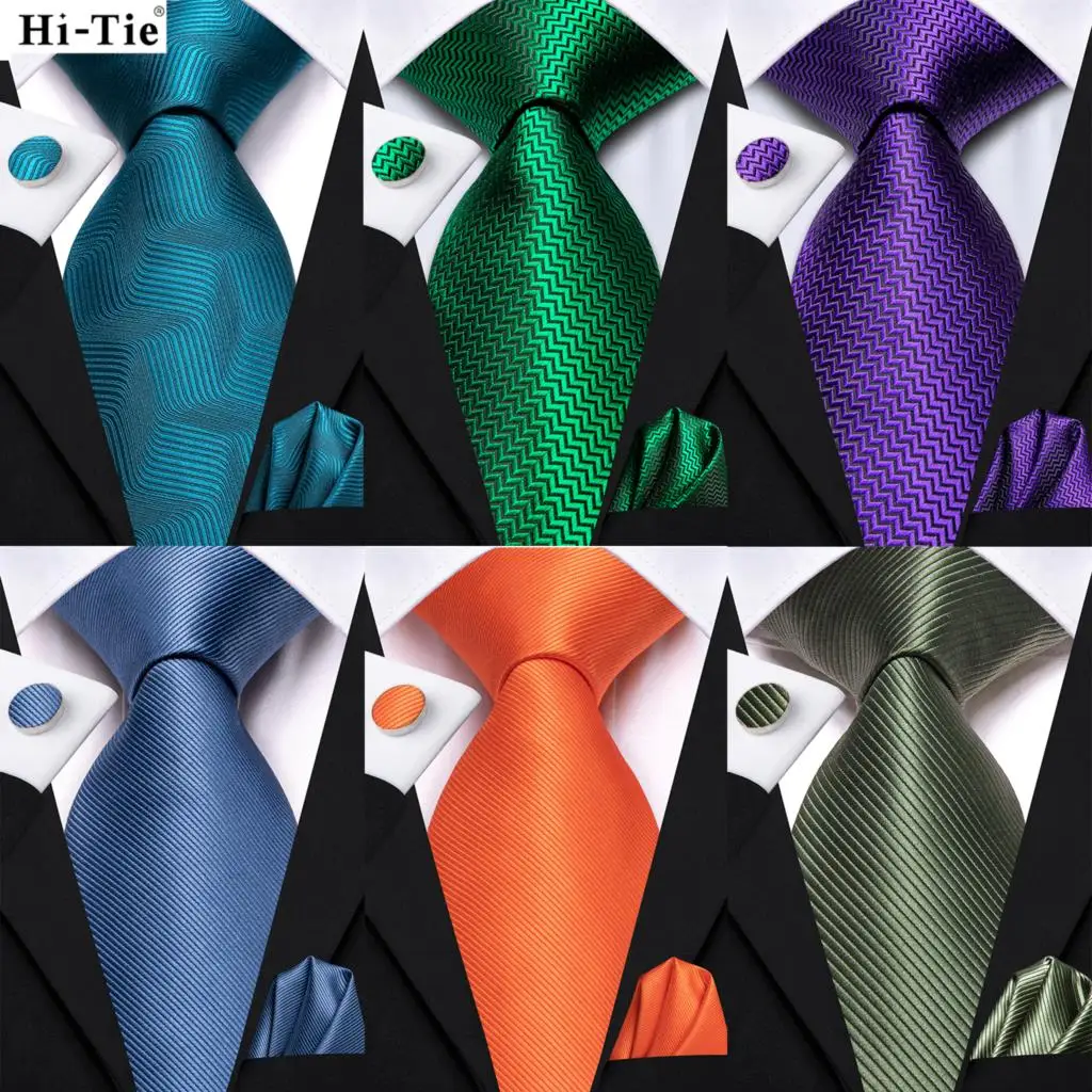 Hi-Tie Men Fashion Solid Green Blue Necktie Handkerchief Cufflinks Set for Tuxedo Accessory Classic Silk Luxury Tie for Man Gift