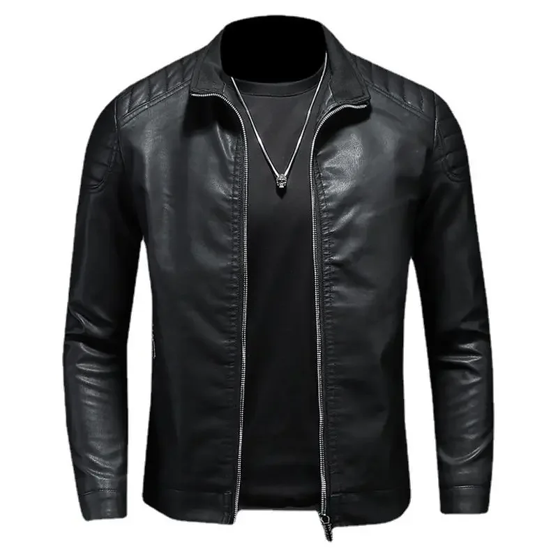 

High Quality PU Leather Men's Jacket Zip Up Stand Collar Coat Fast Shipping OEM ODM Available​