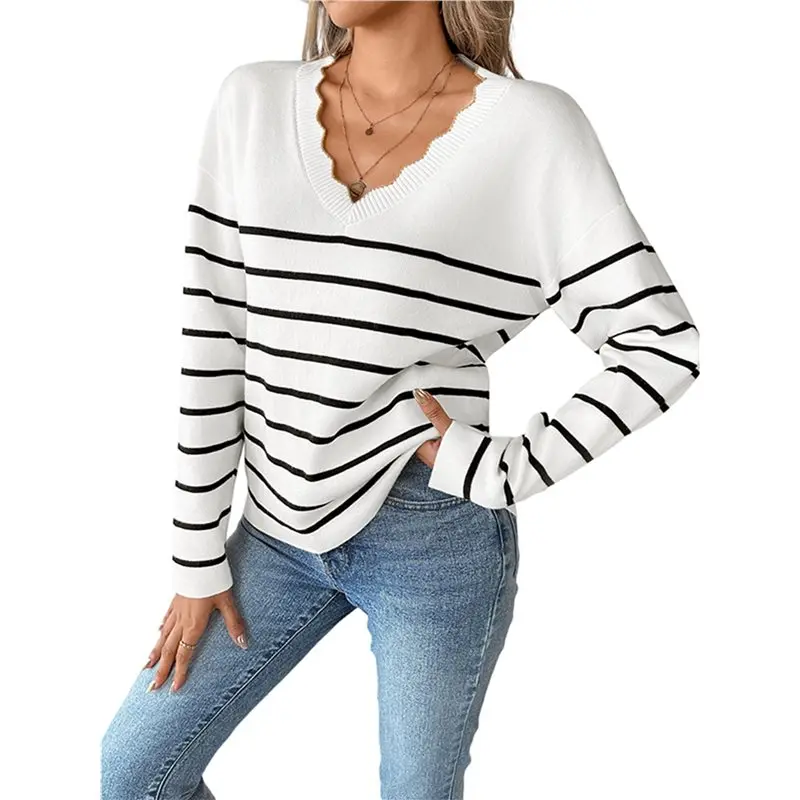 

CYL-Women Fall V Neck Sweater Color Block Long Sleeve Shirt Casual Loose Striped Pullover Sweaters