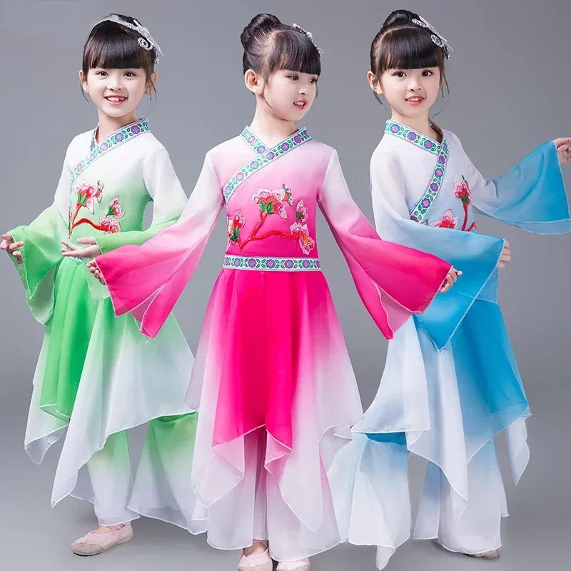 

Chinese Traditional Classical Yangko Costume for Girls Folk Dress Fan Umbrella Dance Embroidery Performance Hanfu Clothing