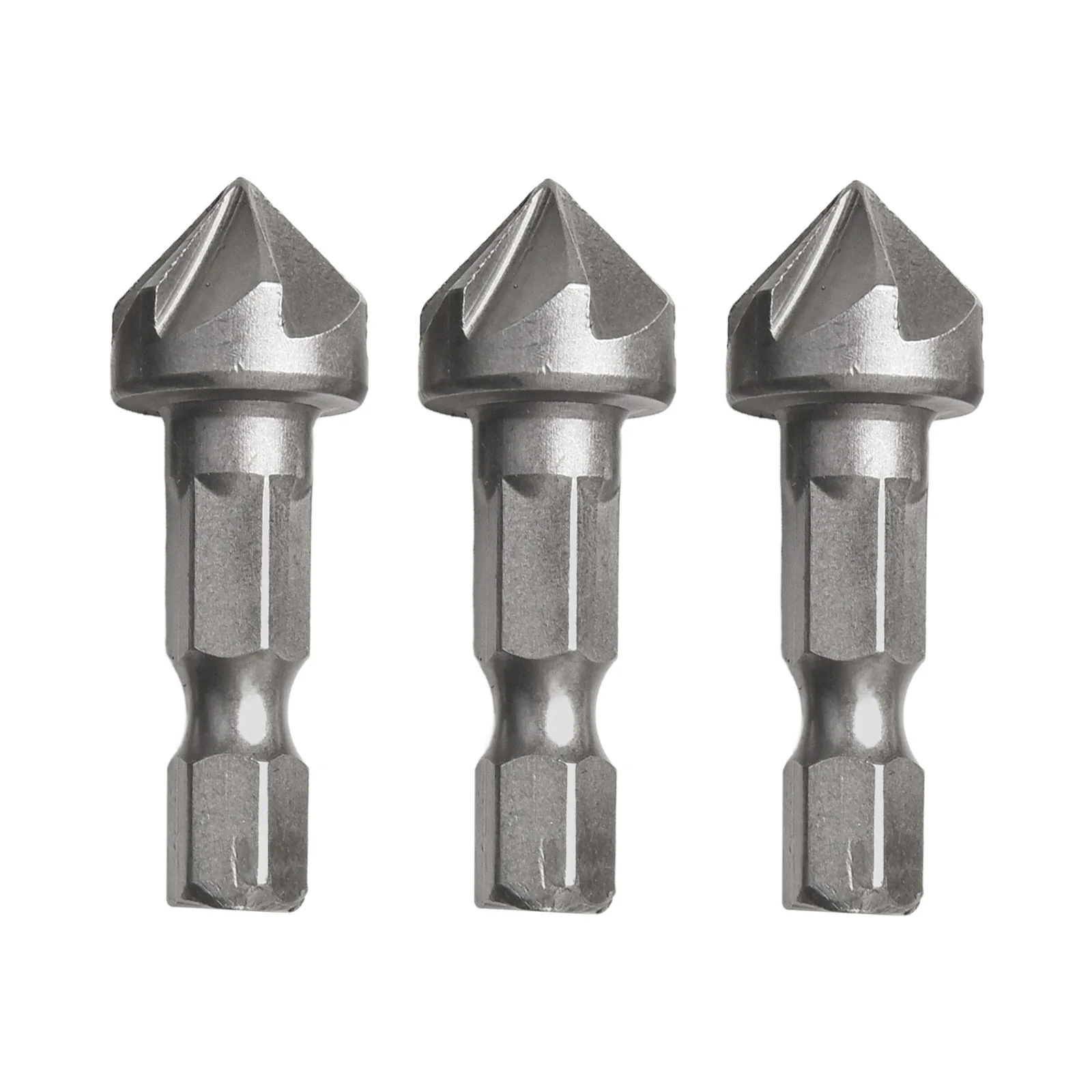 3 buah/set mata bor Countersink perak, mata bor Chamfer enam Flute 6.35mm baja karbon tinggi batang Hex, alat pelepas mesin