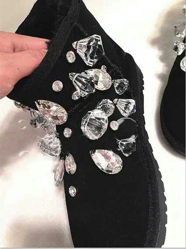 Bling Pure Rhinestone szyte śniegowe buty czarne krowy zamszowe nity szpilki gruba podeszwa zimowe botki kobieta ciepłe pluszowe futrzane botki