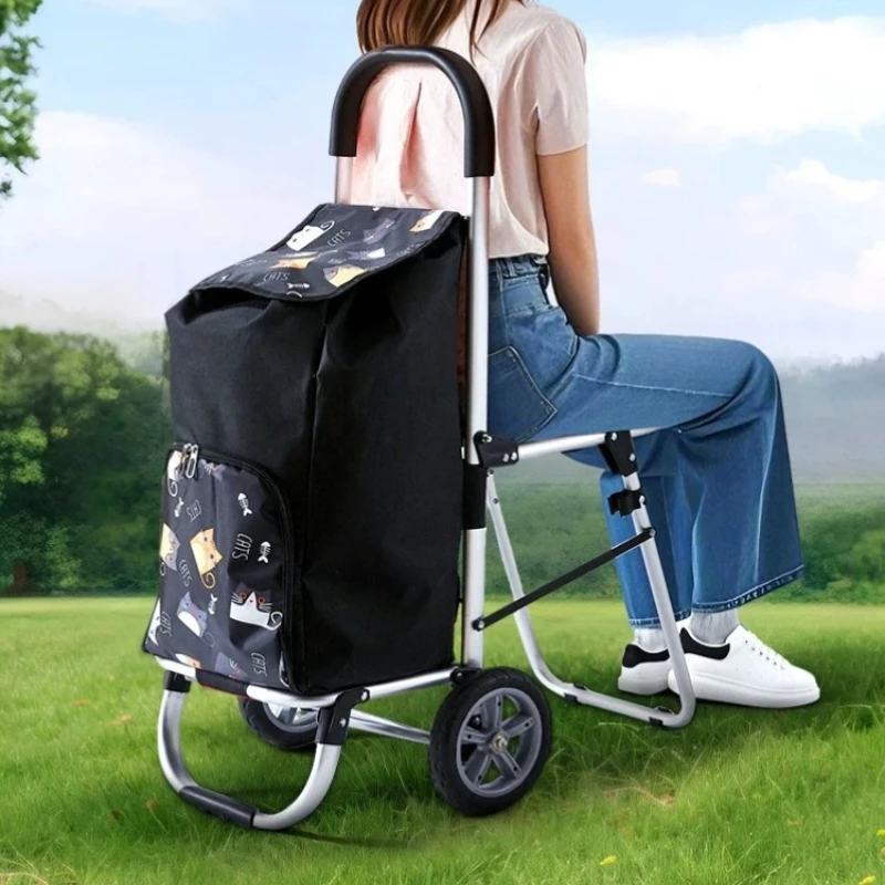 Aluminum Foldable Shopping Cart, Sit On Hand Truck for Elderly, Large Capacity Grocery Trolley, Quiet Wide Wheel Pull Wagon