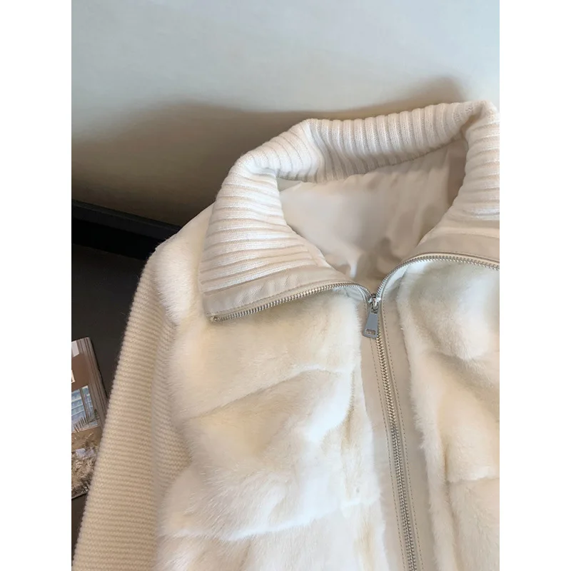 المرأة محبوك سترات معطف تقسم سترة سستة فو فرو منك الصلبة رفض طوق كم طويل فضفاض عادية 2025 الخريف الشتاء #3