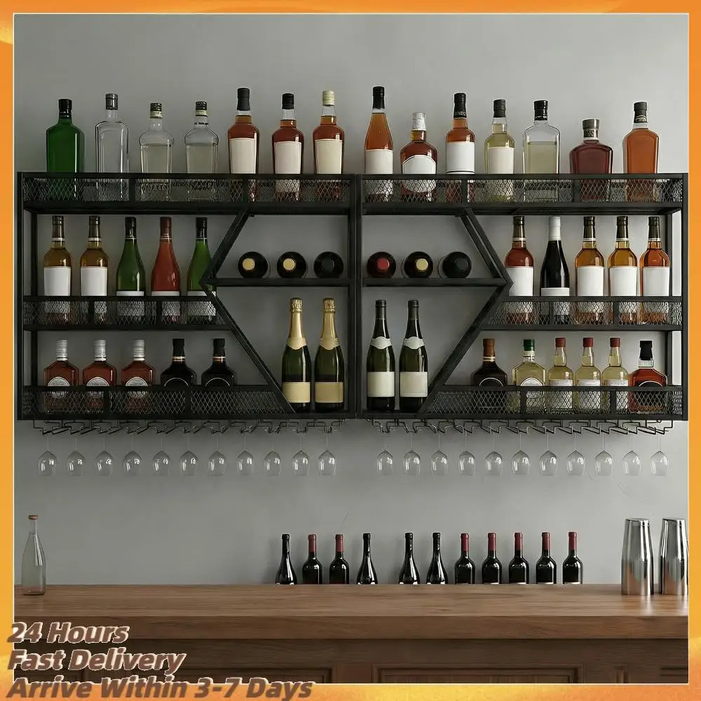 

3/4 Tier Wall Mounted Wine Holder Metal Wine Storage Rack Display with Glass Holder for Home Kitchen Dining Room Coffee Shop