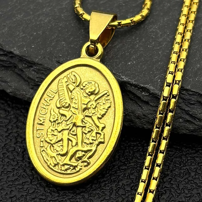 

St.Michael Archangel Pendant Necklace For Women Men Stainless Steel Protect Me Saint Angel Orhodox Amulet Christian Jewelry