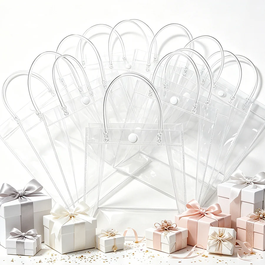 Sacs cadeaux transparents en PVC avec poignées, sacs fourre-tout réutilisables transparents avec bouton-pression, sacs cadeaux en plastique, 12/24 pièces