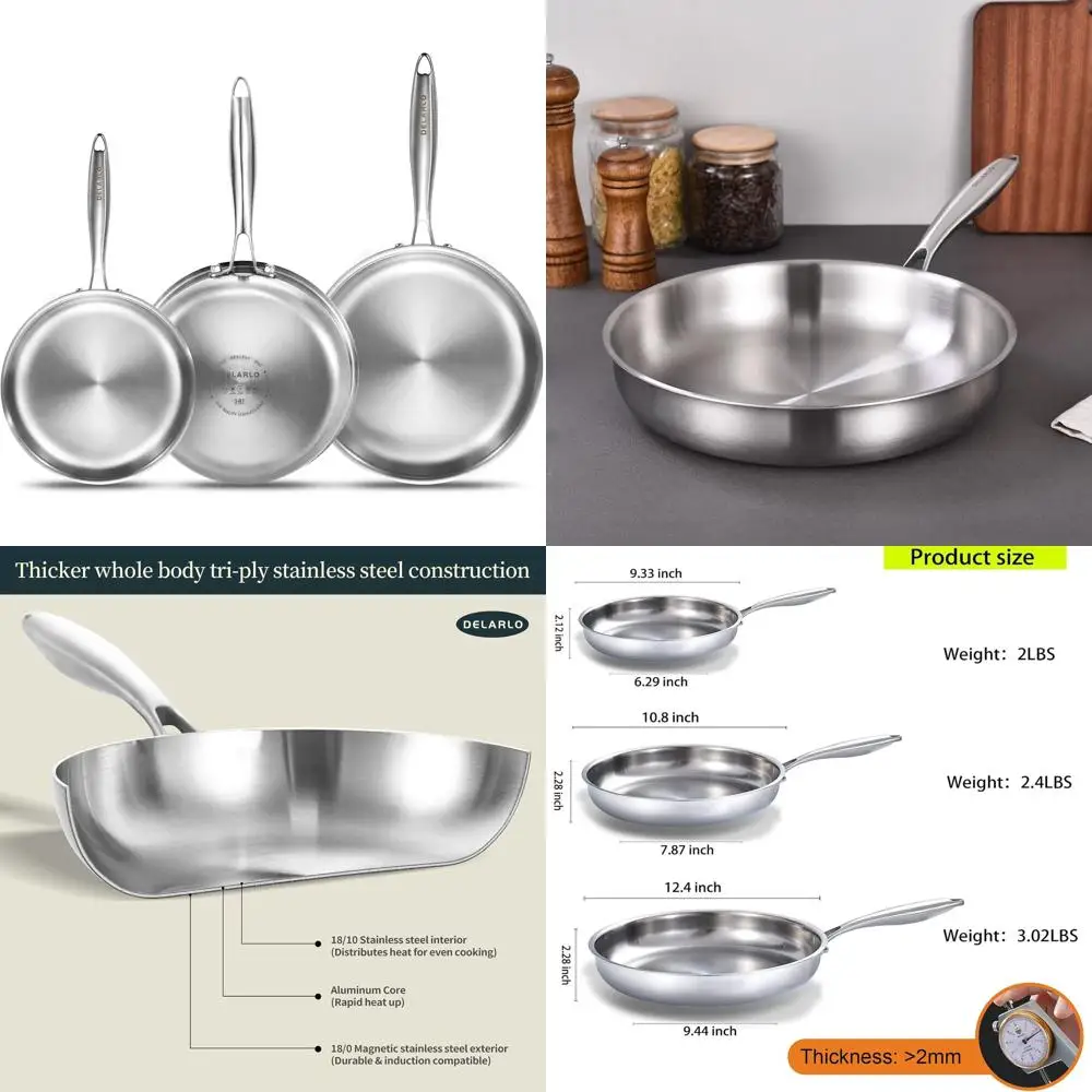 

Tri-Ply Stainless Steel Frying Pan Set, 8-12 Chef's Cookware, Heat-Efficient with Comfort Grip Handles for All Stoves