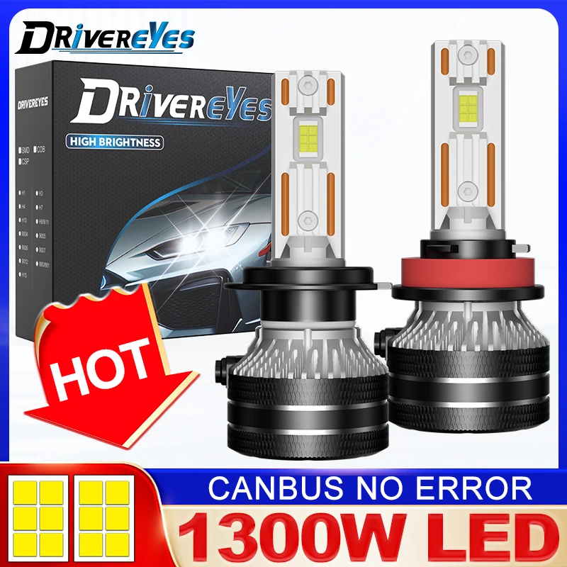 Drivereyes H7 LED1300W H4 H1 H11 H8 H9 9005 9006 9012 5570 CSP Luzes de carro 4300K 6000K 8000K Branco Plug and Play para carro SUV 12V