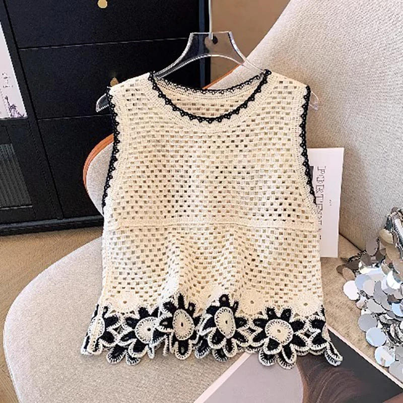 

Summer New Style Women's Knitted Hollow out Sleeveless Vest Strap Top Short Fashionable Versatile Vacation Floral Pattern