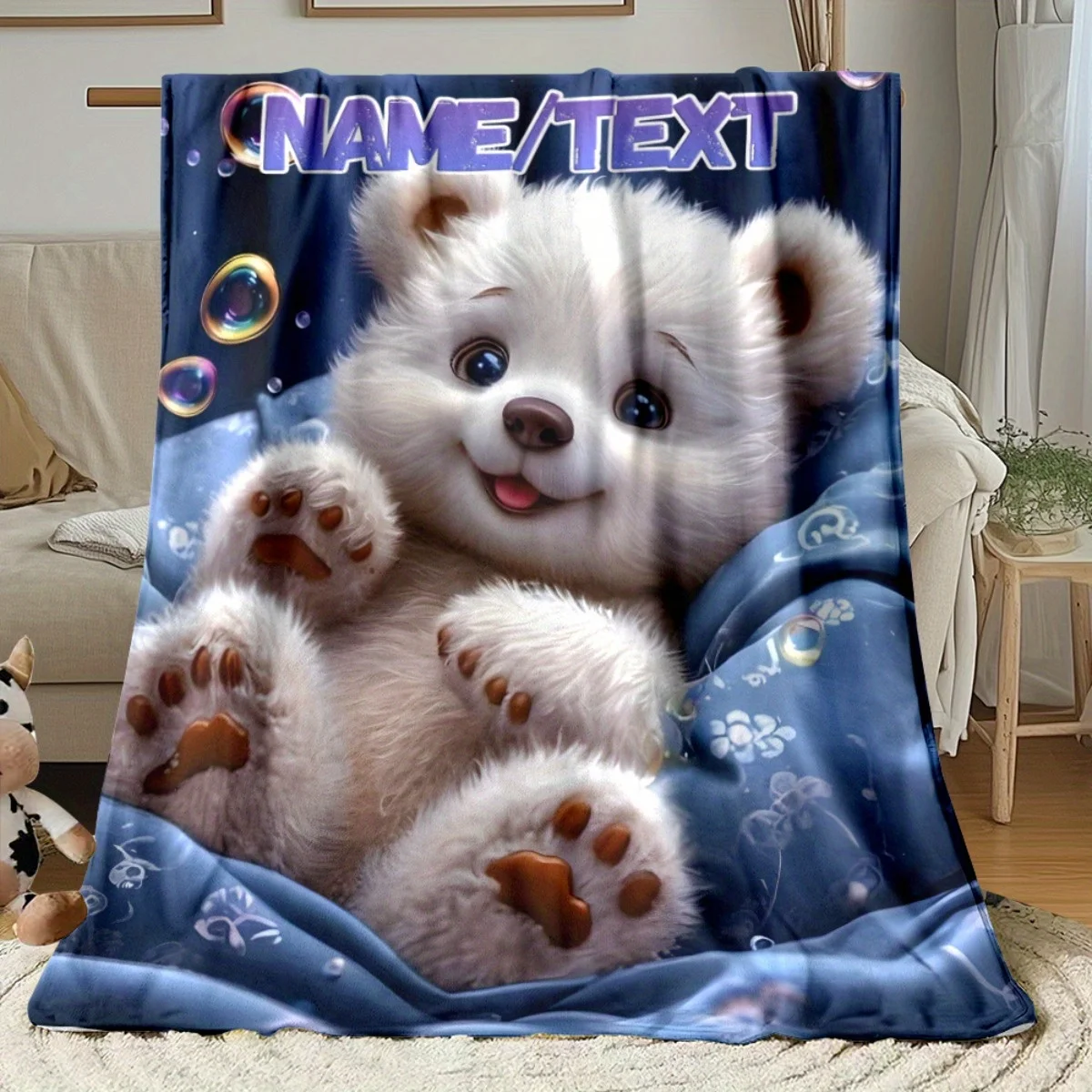 Personalized Custom Name Bear on Blue Blanket Printed Soft Warm Flannel Throw for Sofa, Bedroom Living Room Couch Chair Office