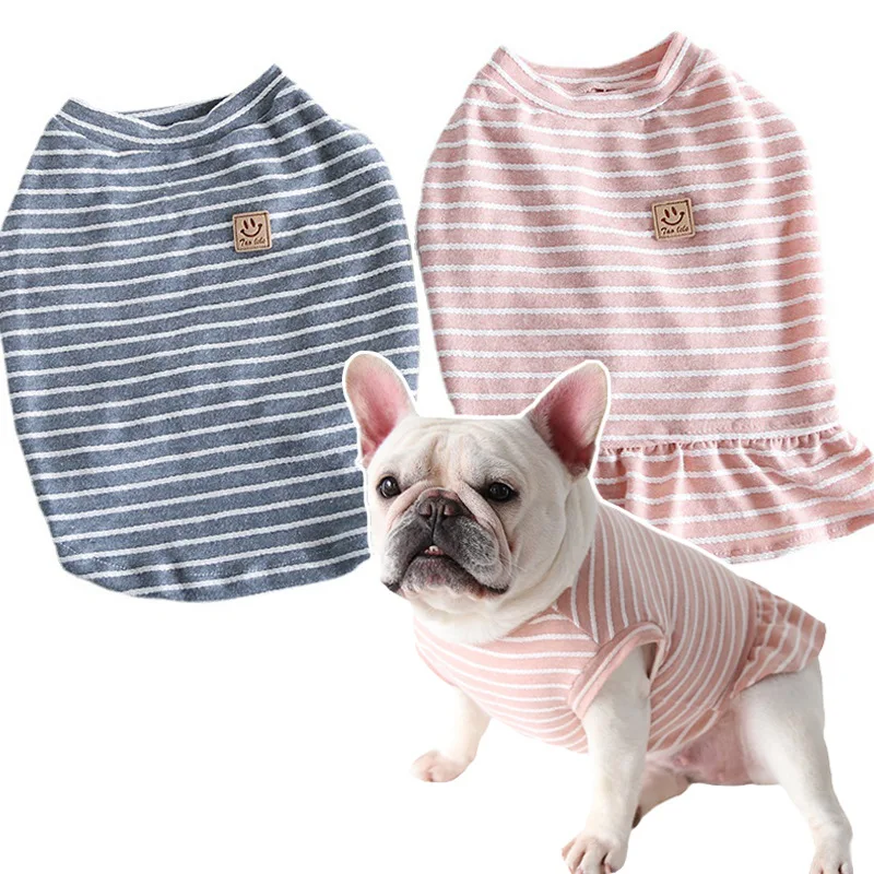 

Mutihome 2026 Fashion Pet Suppliers Pink And Blue Stripe Dog Dress Cotton Fat Dog Clothes Garfield Cockiba Dog Top Dog Clothes
