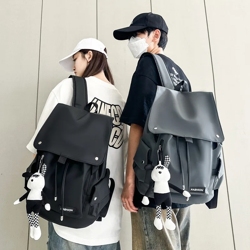 1pcs Light Resistant Nylon Drawstring Flip Backpack Vintage Solid Color Large Laptop Bag For Campus Outdoor Daily Use