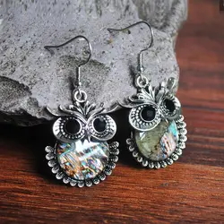 Bohemia Owl Drop Earrings Inlaid Faux Gemstone Vintage Style 925 Silver Plated Jewelry Gift For Women Girls