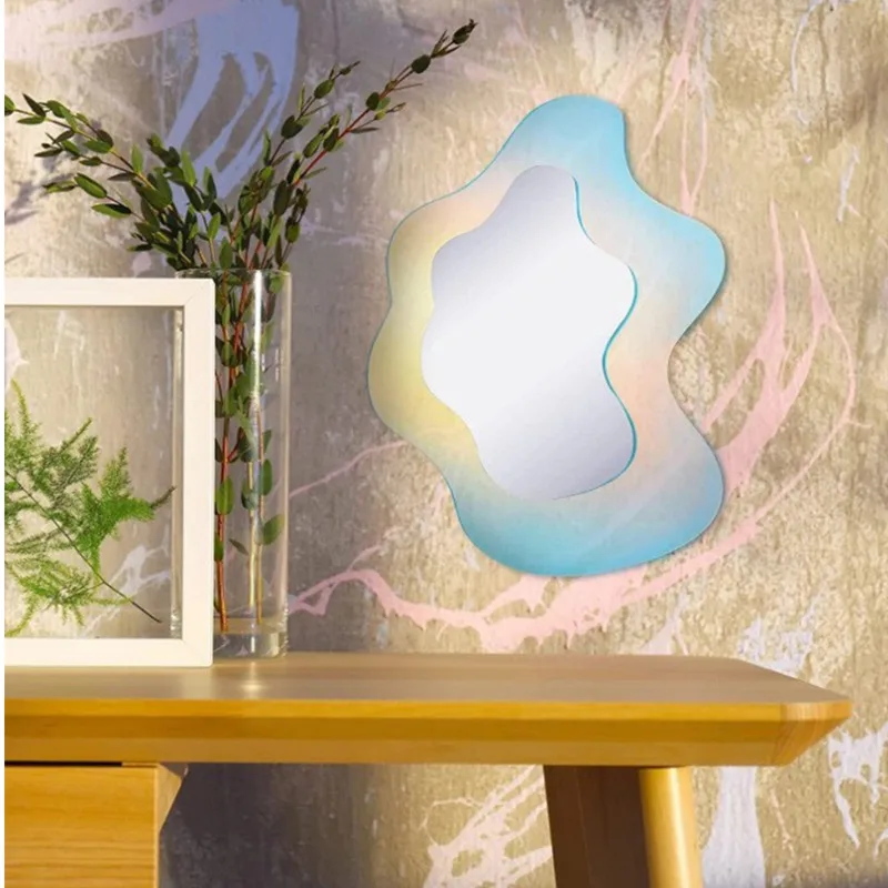 Fashion Ins Colorful Makeup Mirror Acrylic Rainbow Wave Star Design Home Room Wall Mounted Irregular Mirror Decoration