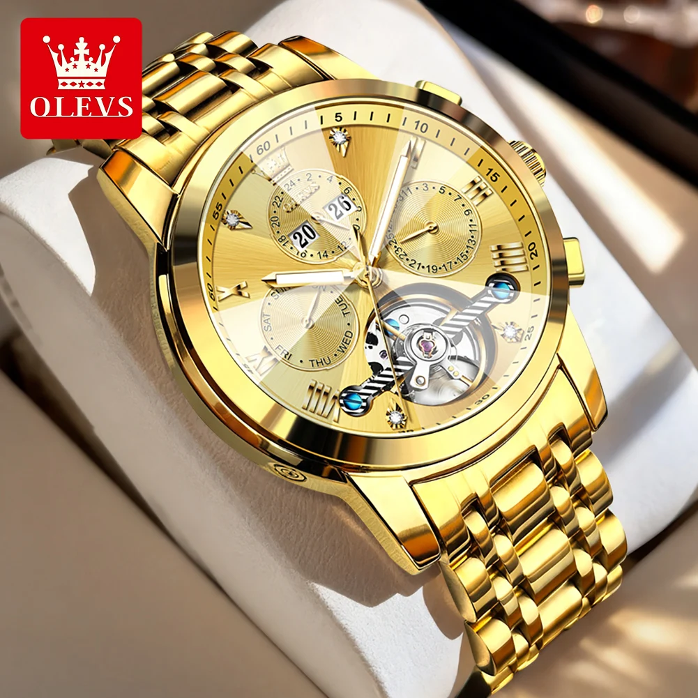

OLEVS New Man Watch Perpetual Calendar Automatic Mechanical Watches for Man Skeleton Flywheel Rhombus Mirror Men's Watches 7121