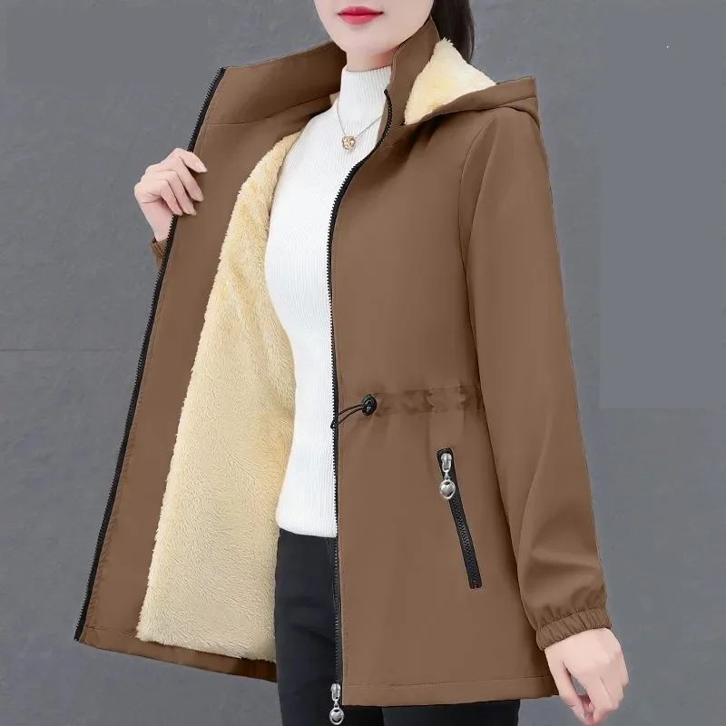 2025 Autumn Winter Women Trench Coat Solid Hooded Mid Long Velvet Warm Windbreaker Female Casual Tops Gabardina Mujer Outerwear