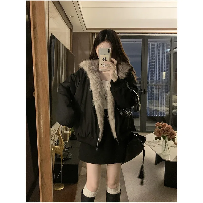 Winter USA Vintage Fluffy Fur Jacket Reversible Fleece Coat Hood Warm Thicken Plus Size Faux Fur Coat Streetwear New Jacket