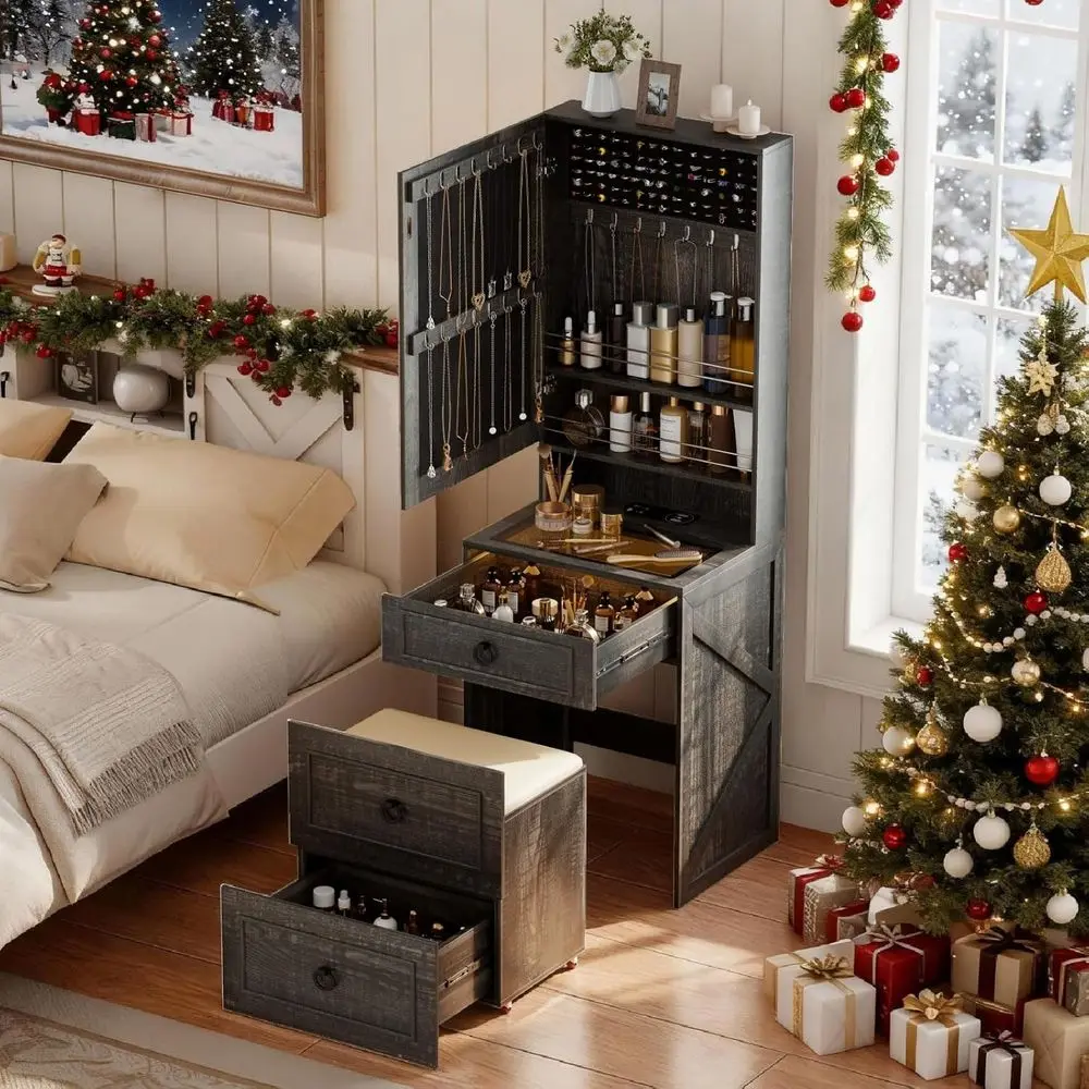 Rustic Brown Compact Makeup Desk with Mirror, Lights, Charging Station, and Storage