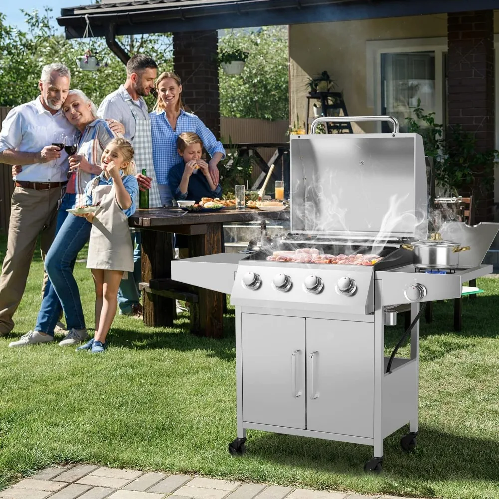 Propane Gas Grill, Stainless Steel Heavy Duty Grill with 2 Prep Tables, 4 Wheels, Propane Tank Cabinet, Outdoor Cooking