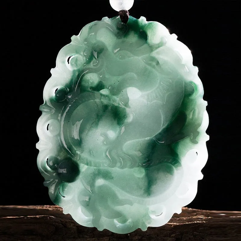 Natural Myanmar Jadeite Ice Floating Jade Dragon Pendant Necklace Men Women Grade A Burma Jade Dragon Zodiac Lucky Charms Amulet